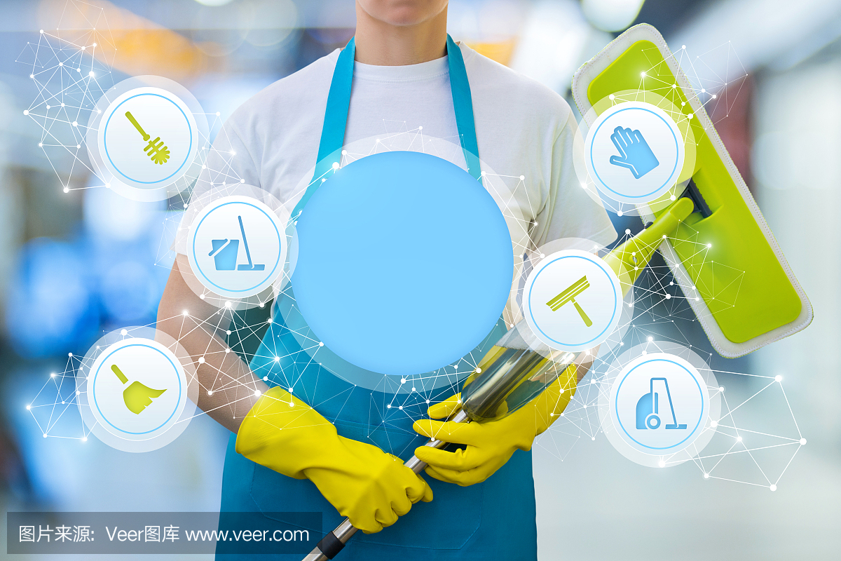 帶有清潔服務圖標的清潔工。